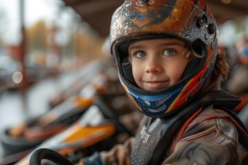 Young karting enthusiast in helmet sitting in a go-kart, ready for the race