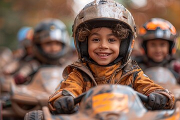 A smiling young child in a helmet and racing gear sits in a go-kart, surrounded by peers ready to race