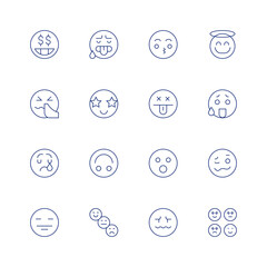 Expressionism line icon set on transparent background with editable stroke. Containing money, hot, sick, star, sad, playful, pokerface, smiley, kiss, dead, surprised, confused, angel, drunk, emotions.