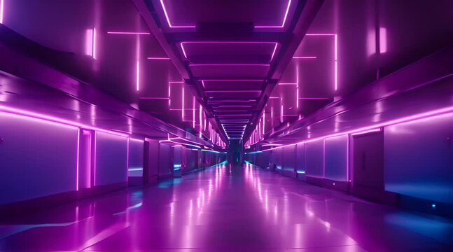 Endless flight in a futuristic metal corridor with neon lighting