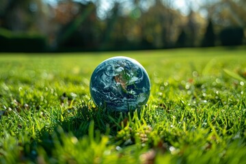 This image features a glass globe on grass with the sunlight filtering through, portraying a sense of hope and global awareness