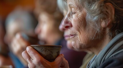 In a moment of quiet reflection the participants take slow deliberate sips from teacups cherishing each sip as if it were a . .