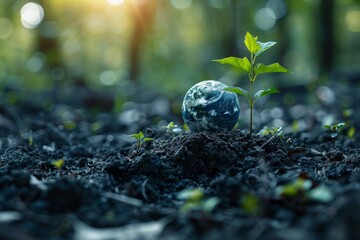 A symbolic scene with a small plant next to a globe on fertile land depicts growth, new beginnings, and environmental care