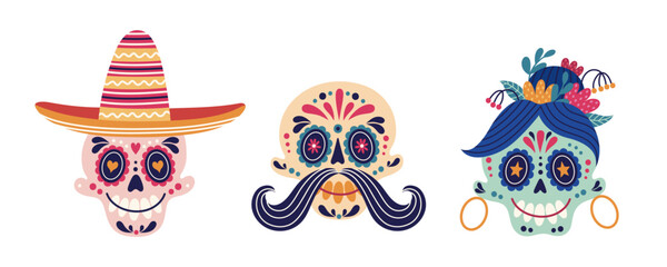 Sugar skulls vector set. Head of a woman with a traditional painted ornament, gold earrings, flowers. Smiling faces of men with sombrero hat, mustache. Mexican masks for Cinco de Mayo, Day of the Dead