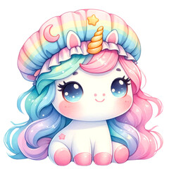 Whimsical Rainbow Unicorn Clipart Collection, A colorful collection of illustrated rainbow unicorns in various poses with party accessories, perfect for birthday themes and children's decor, 
