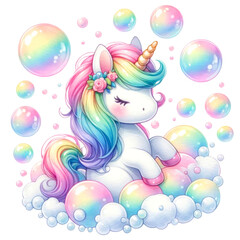 Whimsical Rainbow Unicorn Clipart Collection, A colorful collection of illustrated rainbow unicorns in various poses with party accessories, perfect for birthday themes and children's decor, 
