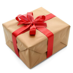 Classic Gift Brown Paper Box with Red Ribbon isolated on Transparent Background. 