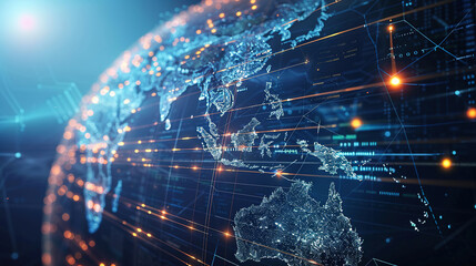 Digital world globe, concept of global network and connectivity on Earth, high speed data transfer and cyber technology, information exchange and international telecommunication. Business map - obrazy, fototapety, plakaty