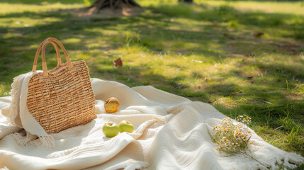 A straw woven handbag was placed on a white blanket with some fruits and a few flowers scattered on the blanket. Sunlight, natural light