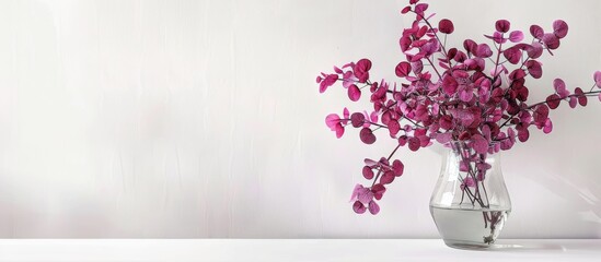 Purple eucalyptus displayed in glass vase on white backdrop.