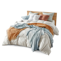 A comfortable messy bed with soft pillows, a fluffy duvet, and a cozy throw on Transparent Background. 