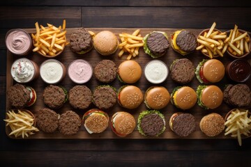 top view of fast food hamburger, french fries and other junk food on table