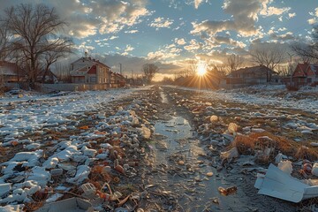 A snow-covered landscape littered with trash under a sunrise sky