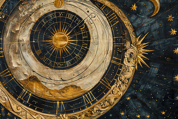 A celestial clock painted on a crumbling wall, adorned with faded stars, depicting the enigmatic rhythm of the cosmos.