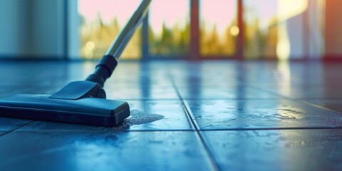 Professional cleaning process using a modern wet vacuum on a reflective blue tiled floor. - obrazy, fototapety, plakaty