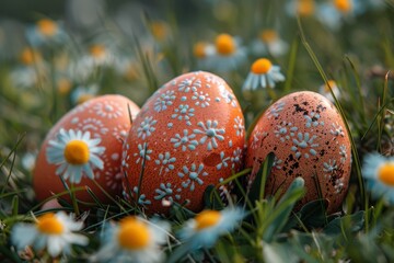 Beautifully crafted Easter eggs adorned with floral designs lay amidst a field of wild daisies, capturing the essence of spring