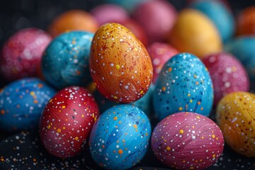 A vibrant selection of multicolored Easter eggs, each adorned with festive dots and splatters, contrasts against a dark background