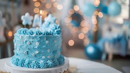 A beautifully decorated blue birthday cake with candles and star details in a festive setting. - obrazy, fototapety, plakaty