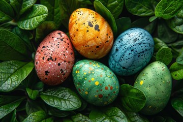 A collection of Easter eggs with a speckled design is beautifully presented among fresh green leaves, representing life and renewal