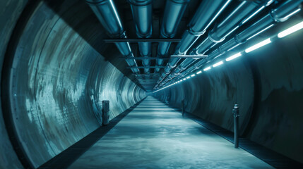 Empty underground corridor with drainage system and metal pipelines for transporting water and gas with electricity lines on ceiling - obrazy, fototapety, plakaty