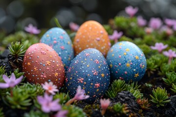 Artistically decorated eggs among blooms convey the essence of spring and the joy of Easter festivities