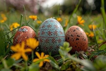 Partially obscured view of Easter eggs with intricate designs hidden among a vibrant field of yellow flowers, suggesting a playful hunt