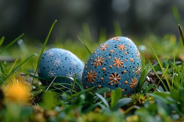 Artfully decorated blue Easter eggs nestled among fresh green grass with delicate flower patterns on them