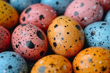 Close-up of assorted painted eggs with black dots, showcasing Easter holiday colors and patterns