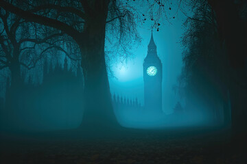 A mysterious clock tower obscured by mist evoking a sense of nostalgia.
