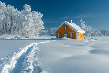 A vibrant yellow house stands alone in a breathtaking snowy winter landscape, creating a stark contrast