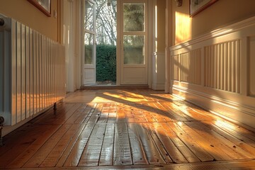 Late afternoon sunbeams cast long shadows and highlight the natural beauty of a polished wooden corridor