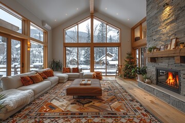 Snowy winter landscape visible through massive windows in an opulent ski lodge living room