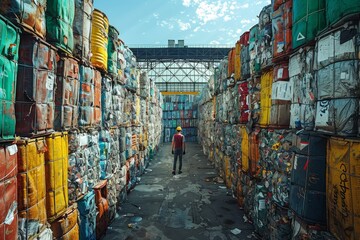 Fototapeta premium A lone figure walks amidst towering stacks of compressed recyclables symbolizing human's impact on environment