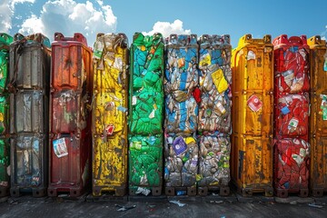 Vibrant stacks of compressed waste ready for recycling portray a message of environmental responsibility