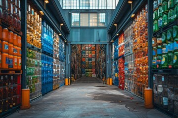 A modern covered walkway framed by translucent walls made of sorted colorful plastic bottles