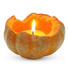 A carved pumpkin with a glowing candle inside isolated on transparent background