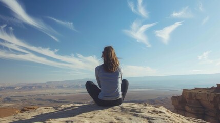 A woman sits crosslegged on a rock back to the camera as gazes towards the endless blue sky and endless stretch of the desert . . - Powered by Adobe