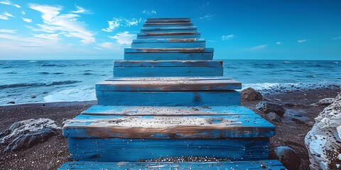 Ascending Wooden Stairs Towards a Blue Sky: A Symbol of Business Promotion and Startup Success. Concept Business Success, Startup Promotion, Ascending Stairs, Blue Sky Symbolism, Wooden Steps
