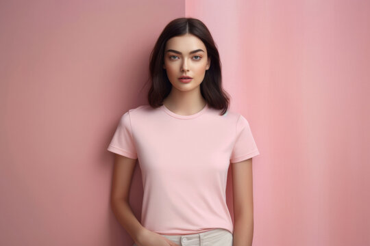 A stylish Asian woman, her dark hair neatly combed, confidently models a rosy shirt against a vibrant pink background, exuding a contemporary and chic vibe. Generative AI.