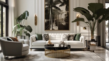 Luxurious Hollywood Regency home interior design, capturing the essence of a modern living room in a villa adorned with a cozy tufted curved round sofa and a velvet pouf on black parquet flooring, com - obrazy, fototapety, plakaty