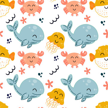 Vector seamless pattern with fish and sea animals. Trendy pattern of whales for wrapping paper, wallpaper, stickers, notebook cover. Cute sea animals pattern