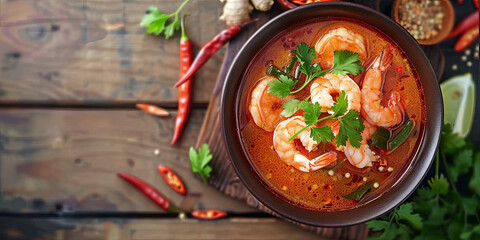 a bowl of Tom Yum Shrimp young soup, traditional Thai food, generative AI