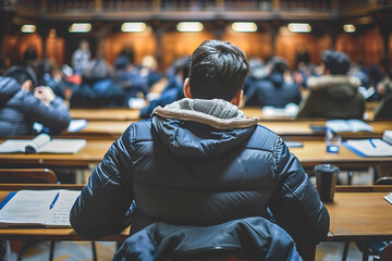 A determined individual attending a lecture, taking notes while surrounded by classmates in a bustling university lecture hall.