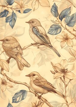 Brown line sketch of birds on flower branch, vintage classic style background 