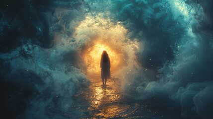 A person gazes into a dimensional portal their expression a mix of awe and curiosity as they prepare to cross over. - obrazy, fototapety, plakaty