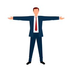 Man standing with open arms in flat design on white background.