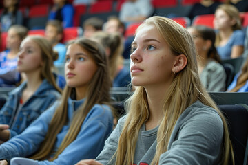 Obraz premium A determined individual attending a lecture, taking notes while surrounded by classmates in a bustling university lecture hall.
