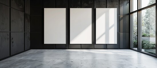 Empty room with white canvas on black wall gallery.