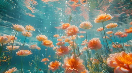 Digital flowers in underwater fantasy scene abstract graphic poster web page PPT background