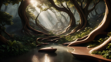 Design an abstract background inspired by the beauty of nature, with organic curves and flowing shapes in earthy tones, echoing the tranquility of a forest glade - obrazy, fototapety, plakaty